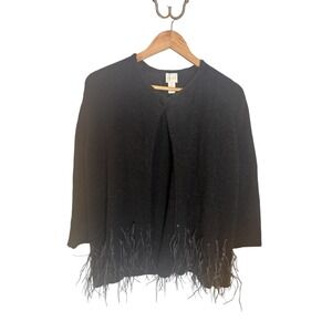 Chico's Black Feather Trim Cardigan Sweater Women Size 4 XL Wool Blend Whimsical